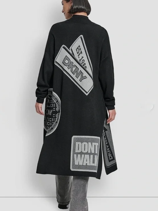 DKNY Black Oversized Patch Logo Cardigan Longline Duster Sweater Size M/L NWOT - Picture 2 of 10
